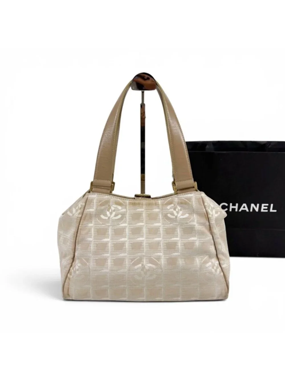 Chanel New Travel Line Handbag Satchel Beige White Nylon Canvas
